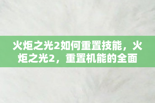 火炬之光2如何重置技能，火炬之光2，重置机能的全面指南